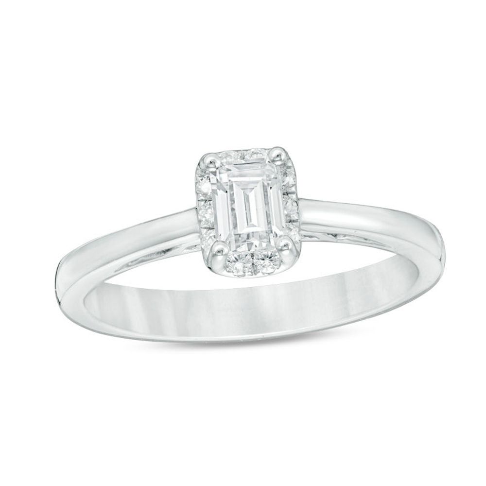 0.60 CT. T.W. Certified Canadian Emerald-Cut Diamond Frame Engagement Ring in 14K White Gold (I/SI2)|Peoples Jewellers