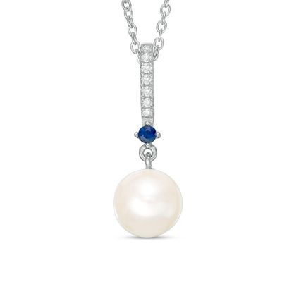 Vera Wang Love Collection Freshwater Cultured Pearl, Blue Sapphire and Diamond Accent Pendant in Sterling Silver-19"|Peoples Jewellers