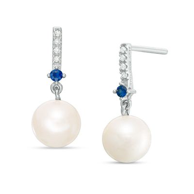 Vera Wang Love Collection Freshwater Cultured Pearl, Blue Sapphire and Diamond Accent Drop Earrings in Sterling Silver|Peoples Jewellers