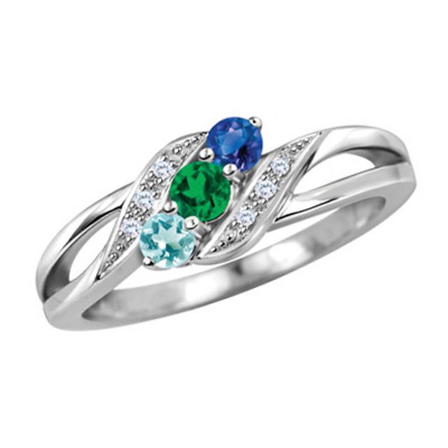 Mother's Birthstone and Diamond Accent Bypass Split Shank Ring in Sterling Silver (3 Stones)|Peoples Jewellers