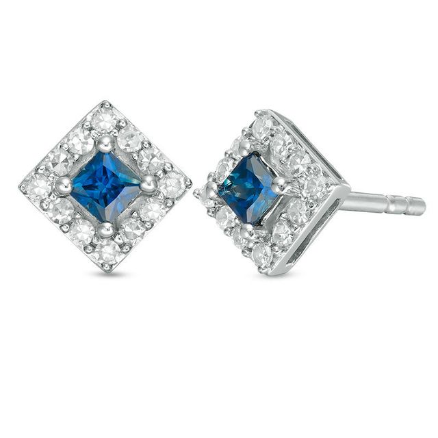 Vera Wang Love Collection Princess-Cut Blue Sapphire and 0.15 CT. T.W. Diamond Frame Stud Earrings in Sterling Silver