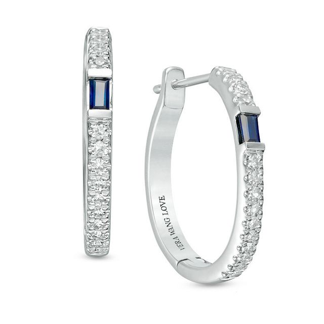 Vera Wang Love Collection Baguette Blue Sapphire and 0.18 CT. T.W. Diamond Hoop Earrings in 14K White Gold|Peoples Jewellers