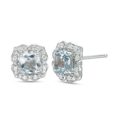 5.0mm Cushion-Cut Aquamarine and Lab-Created White Sapphire Flower Frame Stud Earrings in Sterling Silver|Peoples Jewellers