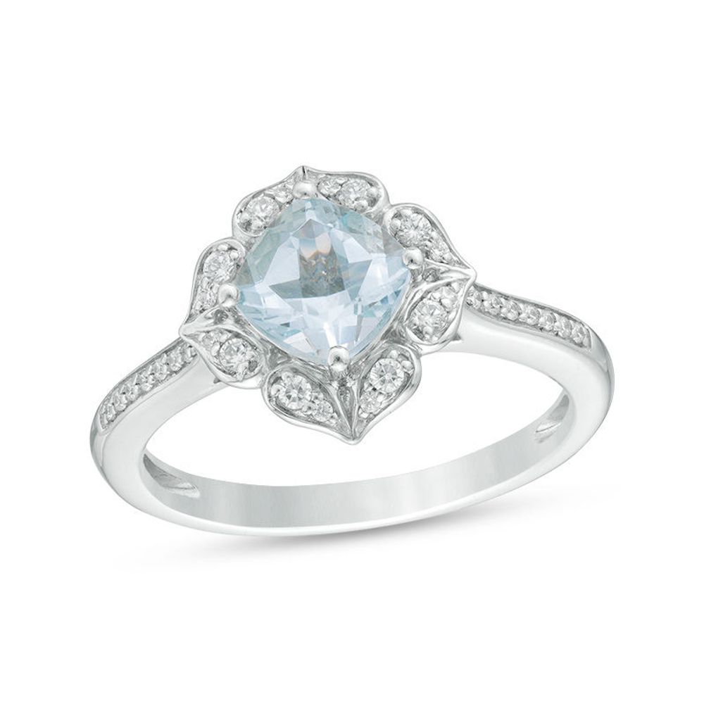 6.0mm Cushion-Cut Aquamarine and Lab-Created White Sapphire Flower Frame Ring in Sterling Silver|Peoples Jewellers