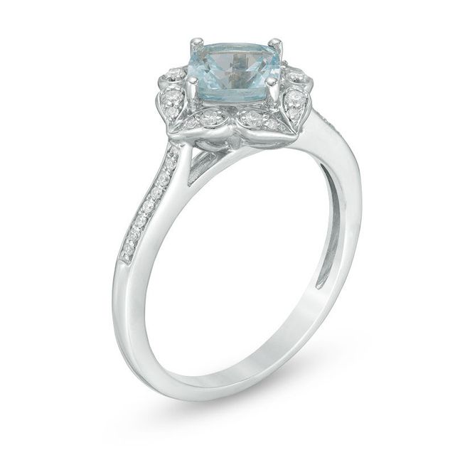 6.0mm Cushion-Cut Aquamarine and Lab-Created White Sapphire Flower Frame Ring in Sterling Silver|Peoples Jewellers