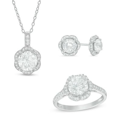 Lab-Created White Sapphire Scallop Frame Pendant, Stud Earrings and Ring Set in Sterling Silver - Size 7|Peoples Jewellers