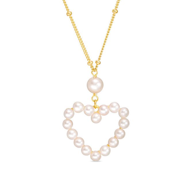 3.0-5.0mm Freshwater Cultured Pearl Heart Outline Necklace in Sterling Silver with 18K Gold Plate