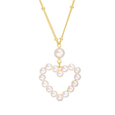 3.0-5.0mm Freshwater Cultured Pearl Heart Outline Necklace in Sterling Silver with 18K Gold Plate|Peoples Jewellers