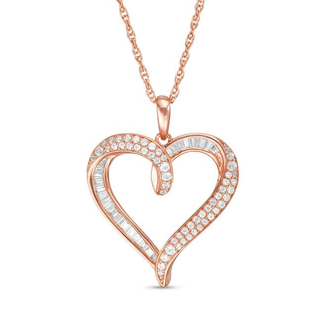 Baguette and Round Lab-Created White Sapphire Looping Heart Pendant in Sterling Silver with 14K Rose Gold Plate|Peoples Jewellers