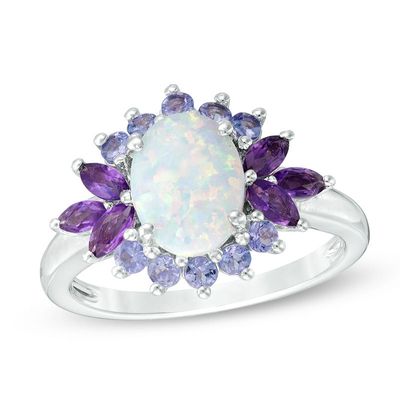Oval Lab-Created Opal, Amethyst and Tanzanite Floral Ring in Sterling Silver|Peoples Jewellers