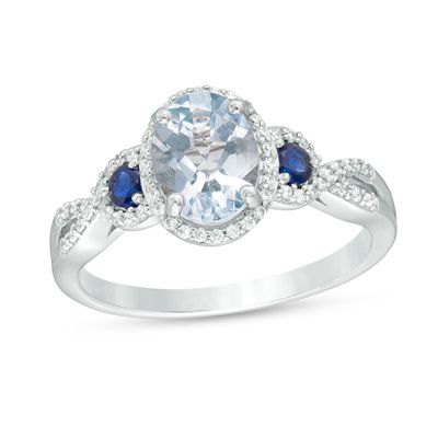 Oval Aquamarine with Lab-Created Blue and White Sapphire Frame Twist Shank Ring in 10K White Gold|Peoples Jewellers