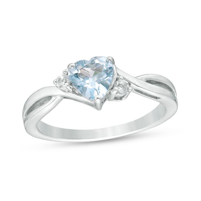 6.0mm Heart-Shaped Aquamarine and Diamond Accent Crossover Split Shank Ring in 10K White Gold|Peoples Jewellers