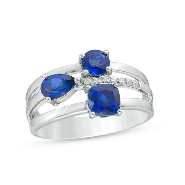 Multi-Shaped Lab-Created Blue Sapphire and Diamond Accent Three Stone Orbit Ring in Sterling Silver|Peoples Jewellers