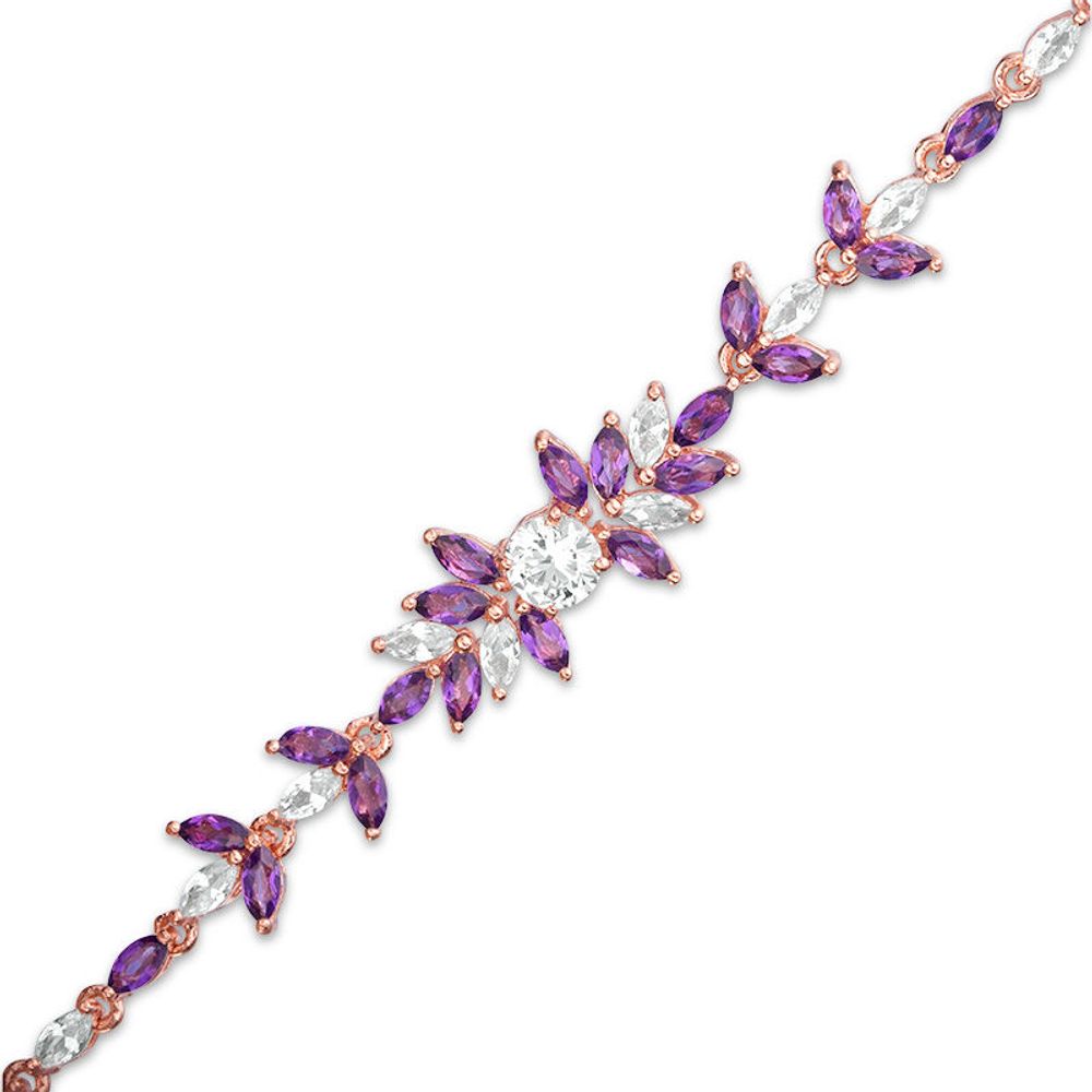 5.0mm Lab-Created White Sapphire and Amethyst Floral Bracelet in Sterling Silver with 18K Rose Gold Plate - 7.25"|Peoples Jewellers