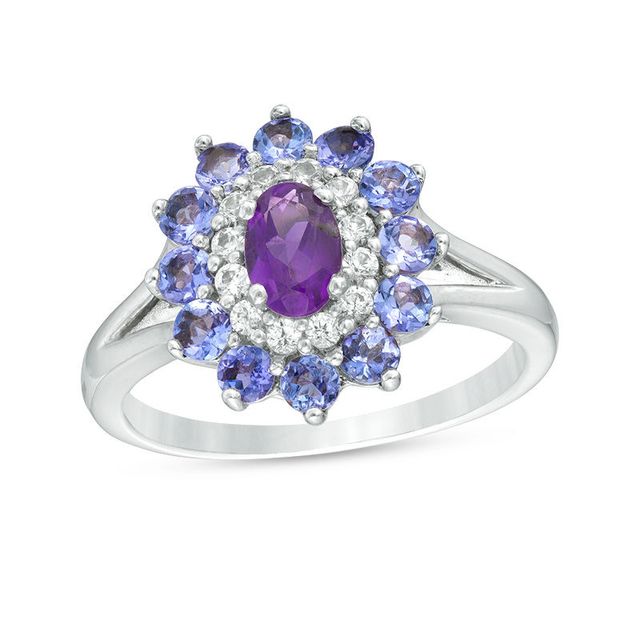 Oval Amethyst, Tanzanite and Lab-Created White Sapphire Double Floral Frame Ring in Sterling Silver|Peoples Jewellers