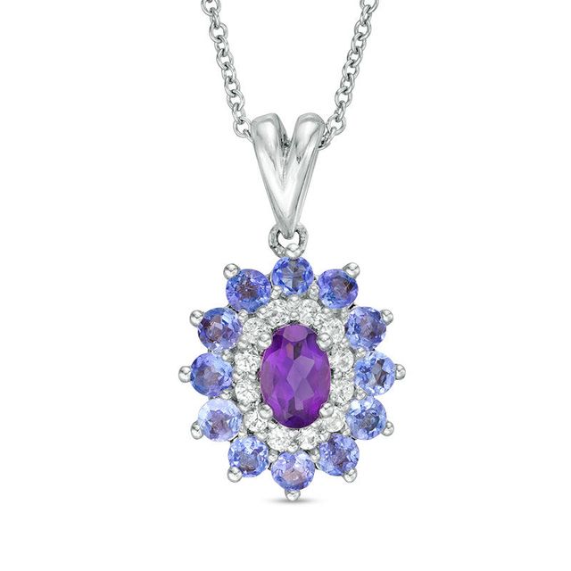 Oval Amethyst, Tanzanite and Lab-Created White Sapphire Double Floral Frame Pendant in Sterling Silver|Peoples Jewellers