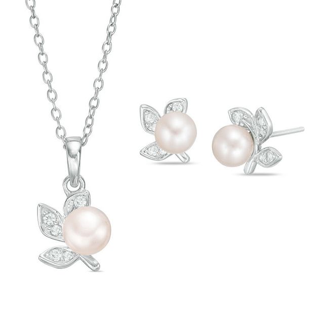 Freshwater Cultured Pearl and Lab-Created White Sapphire Floral Pendant and Stud Earrings Set in Sterling Silver|Peoples Jewellers