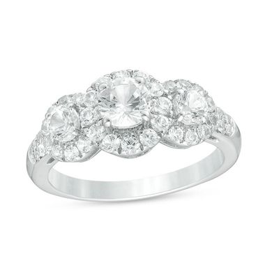 Lab-Created White Sapphire Frame Three Stone Ring in Sterling Silver|Peoples Jewellers