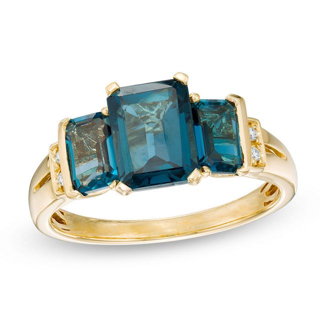 Emerald-Cut London Blue Topaz and Diamond Accent Collar Three Stone Ring in 10K Gold|Peoples Jewellers