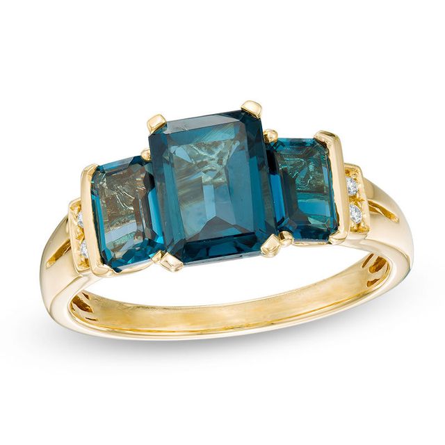 Emerald-Cut London Blue Topaz and Diamond Accent Collar Three Stone Ring in 10K Gold