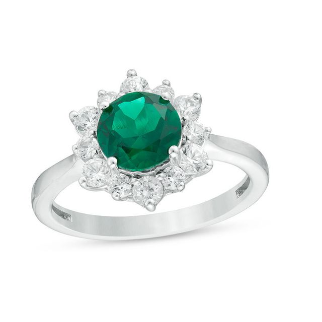 7.0mm Lab-Created Emerald and White Sapphire Sunburst Frame Ring in Sterling Silver|Peoples Jewellers