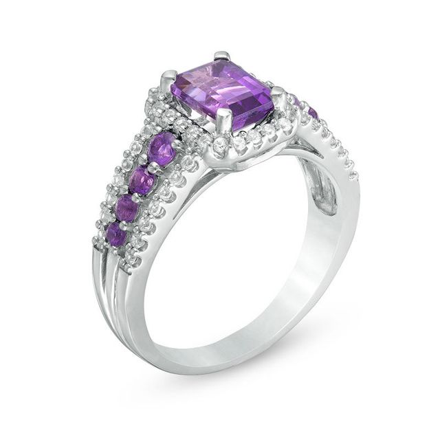 Emerald-Cut Amethyst and White Lab-Created Sapphire Frame Ring in Sterling Silver|Peoples Jewellers