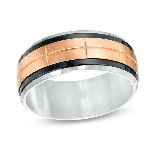 Men's 9.0mm Satin Brick-Pattern Rose and Black IP Stainless Steel Wedding Band - Size 10