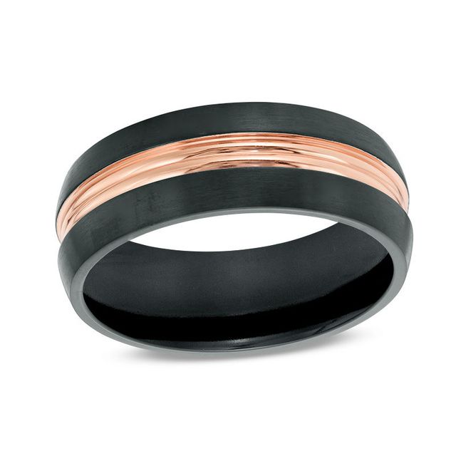 Men's 8.0mm Etched Rose IP Centre Wedding Band in Black IP Stainless Steel - Size 10|Peoples Jewellers