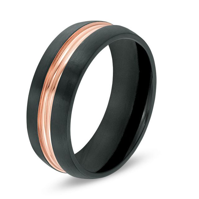 Men's 8.0mm Etched Rose IP Centre Wedding Band in Black IP Stainless Steel - Size 10|Peoples Jewellers