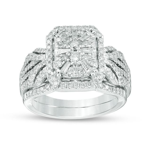 1.12 CT. T.W. Composite Diamond Rectangle Frame Twist Bridal Set in 14K White Gold|Peoples Jewellers