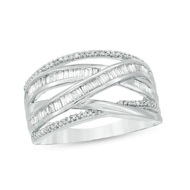0.50 CT. T.W. Baguette and Round Diamond Crossover Band in Sterling Silver|Peoples Jewellers