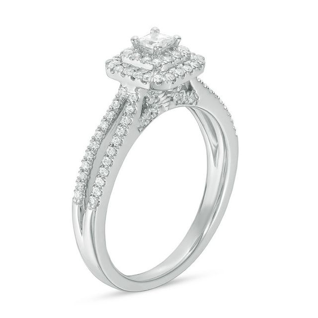 0.50 CT. T.W. Princess-Cut Diamond Double Frame Split Shank Vintage-Style Engagement Ring in 14K White Gold