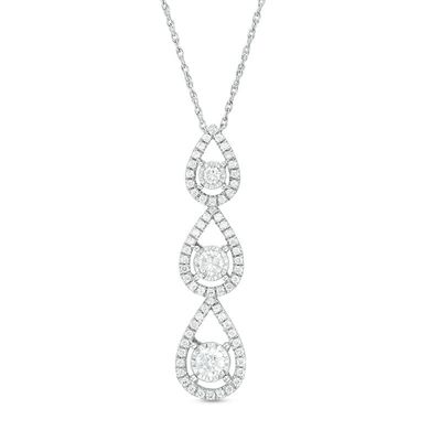 0.75 CT. T.W. Diamond Three Stone Teardrop Frame Linear Pendant in 10K White Gold|Peoples Jewellers