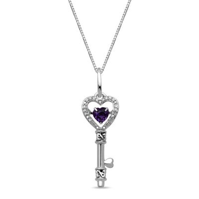 Open Hearts by Jane Seymour™ Heart-Shaped Amethyst and 0.04 CT. T.W. Diamond Heart-Top Key Pendant in Sterling Silver|Peoples Jewellers