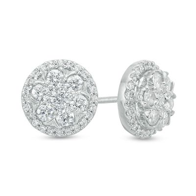 1.00 CT. T.W. Diamond Flower Composite Frame Stud Earrings in 10K White Gold|Peoples Jewellers