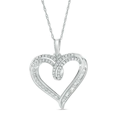 0.25 CT. T.W. Baguette and Round Diamond Heart Pendant in 10K White Gold|Peoples Jewellers