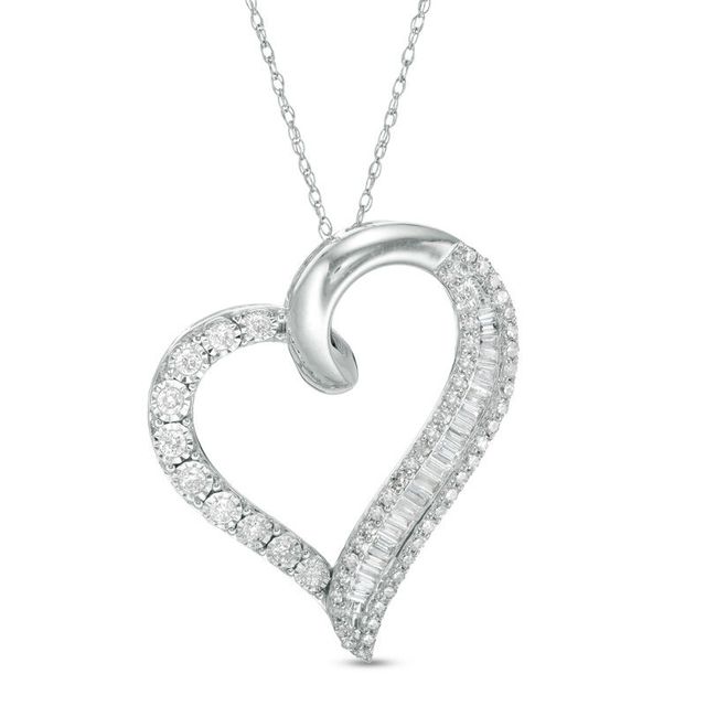 0.50 CT. T.W. Baguette and Round Diamond Tilted Heart Pendant in 10K White Gold|Peoples Jewellers