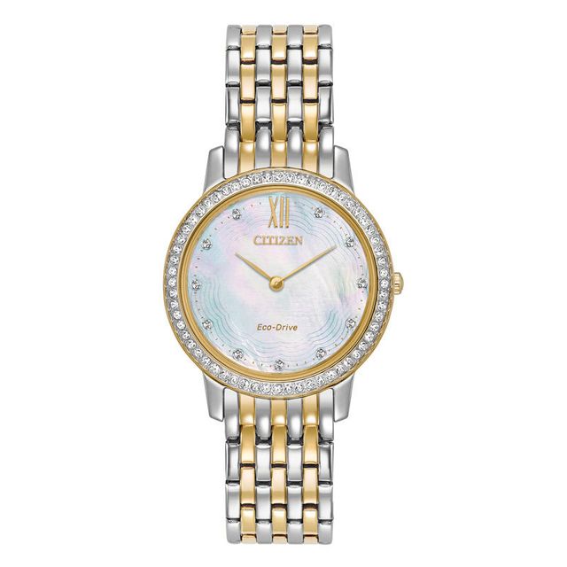 Ladies' Citizen Eco-Drive® Silhouette Crystal Accent Two-Tone Watch with Mother-of-Pearl Dial (Model: EX1484-57D)|Peoples Jewellers