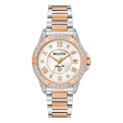 Ladies' Bulova Marine Star 0.10 CT. T.W. Diamond Two-Tone Watch with Mother-of-Pearl Dial (Model: 98R234)|Peoples Jewellers