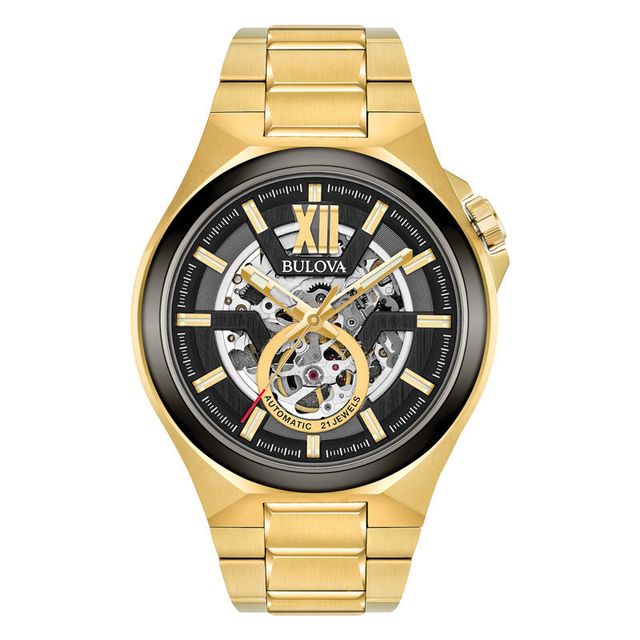 Men's Bulova Automatic Gold-Tone Watch with Black Skeleton Dial (Model: 98A178)|Peoples Jewellers