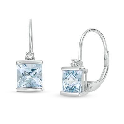 5.0mm Princess-Cut Aquamarine and Diamond Accent Drop Earrings in 10K White Gold|Peoples Jewellers