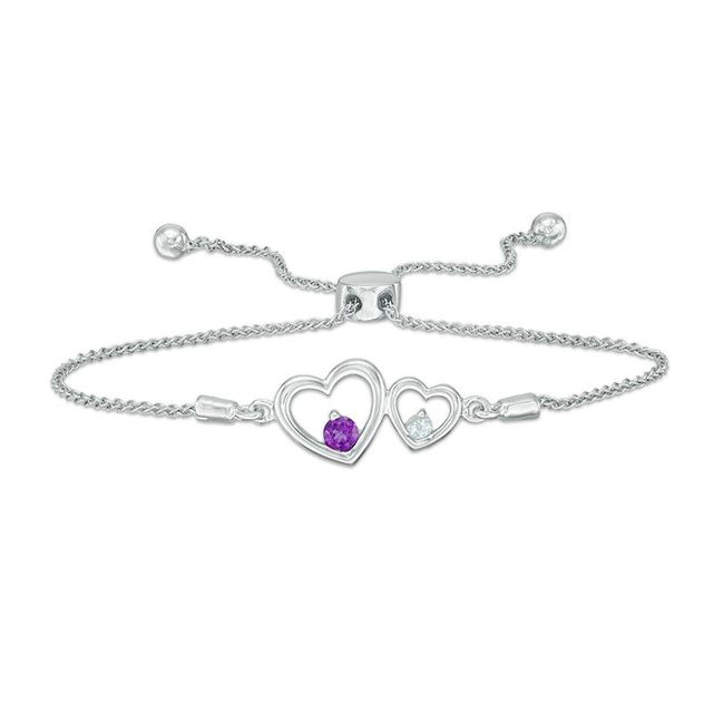 Couple’s Simulated Birthstone Double Heart Frame Bolo Bracelet in Sterling Silver (2 Stones)|Peoples Jewellers