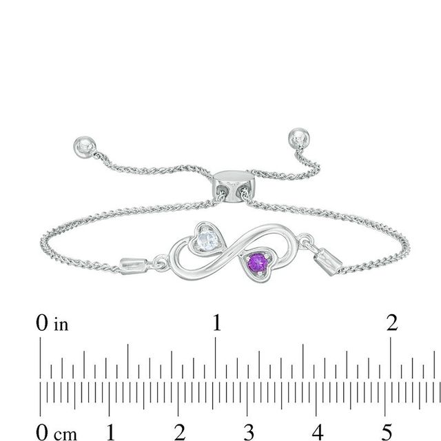 Couple’s Simulated Birthstone Double Heart Infinity Bolo Bracelet in Sterling Silver (2 Stones) - 8.0"