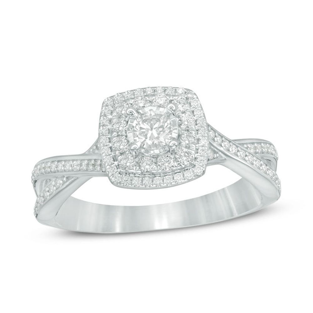 0.50 CT. T.W. Diamond Double Cushion Frame Twist Engagement Ring in 10K White Gold|Peoples Jewellers