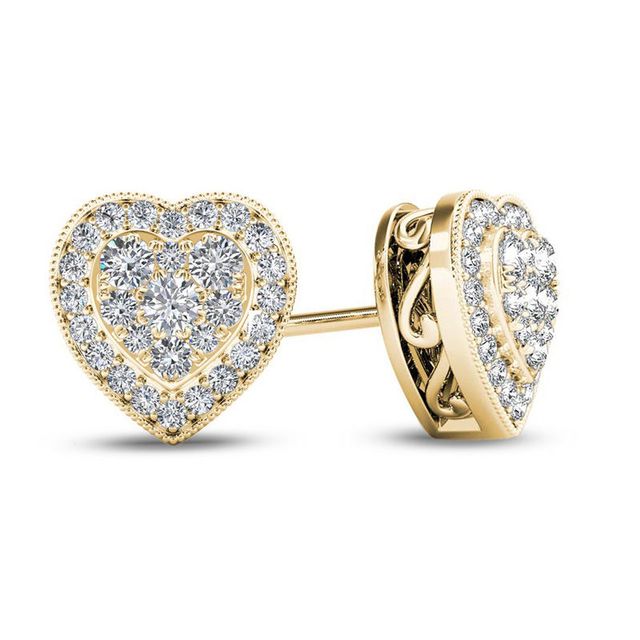 0.30 CT. T.W. Multi-Diamond Vintage-Style Heart Stud Earrings in 10K Gold|Peoples Jewellers