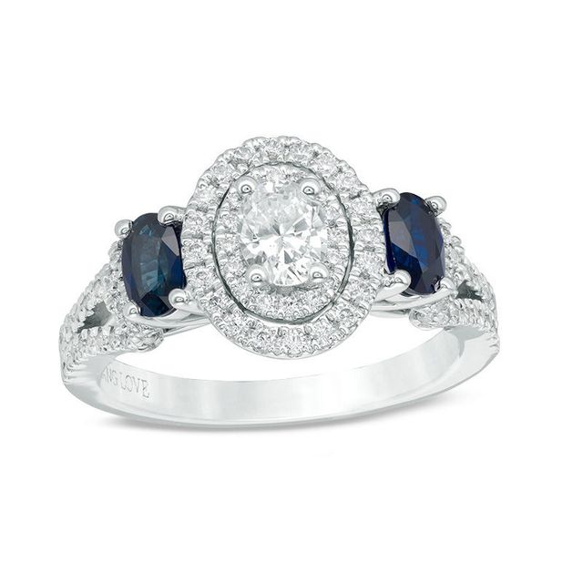 Vera Wang Love Collection 0.70 CT. T.W. Oval Diamond and Blue Sapphire Three Stone Ring in 14K White Gold|Peoples Jewellers