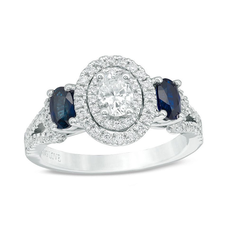 Vera Wang Love Collection 0.70 CT. T.W. Oval Diamond and Blue Sapphire Three Stone Ring in 14K White Gold|Peoples Jewellers