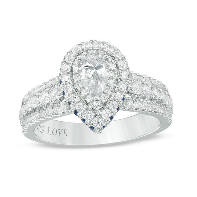 Vera Wang Love Collection 0.95 CT. T.W. Pear-Shaped Diamond and Sapphire Double Frame Engagement Ring in 14K White Gold