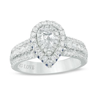 Vera Wang Love Collection 0.95 CT. T.W. Pear-Shaped Diamond and Sapphire Double Frame Engagement Ring in 14K White Gold|Peoples Jewellers