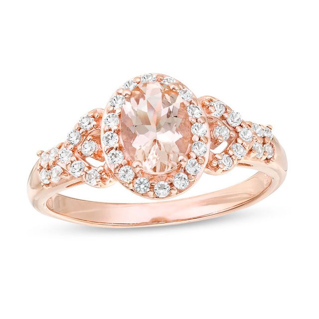 Oval Morganite and White Topaz Frame Petal-Sides Double Row Ring in 10K Rose Gold|Peoples Jewellers